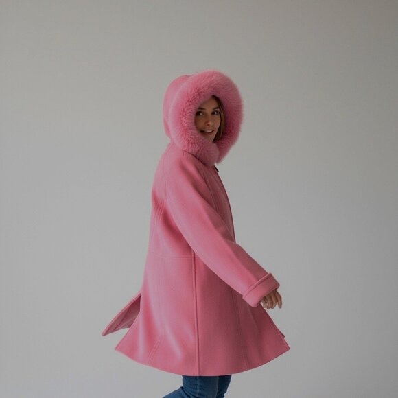 VTG Pink Wool Coat Fox Fur Hood Zip Lined Sz L Barbiecore Bubblegum Holidays - Picture 1 of 12